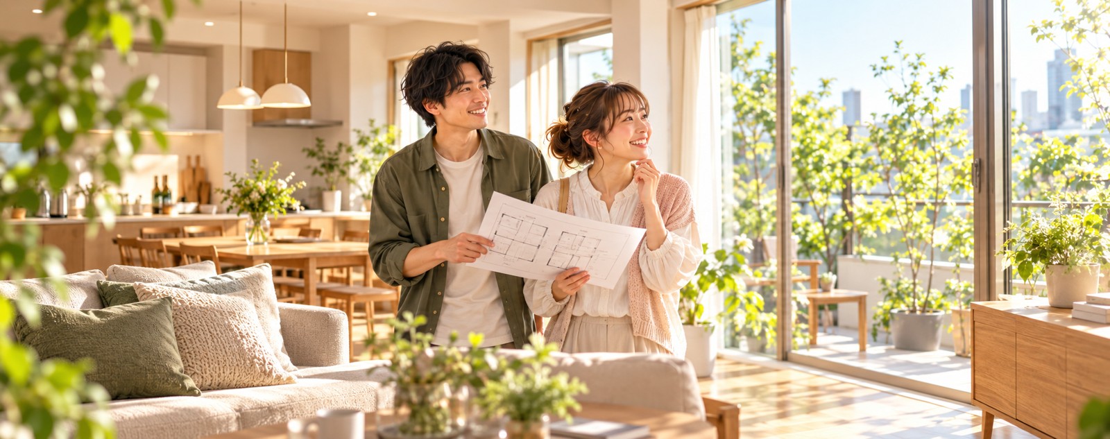明るいリビングで間取り図を持って見学する夫婦