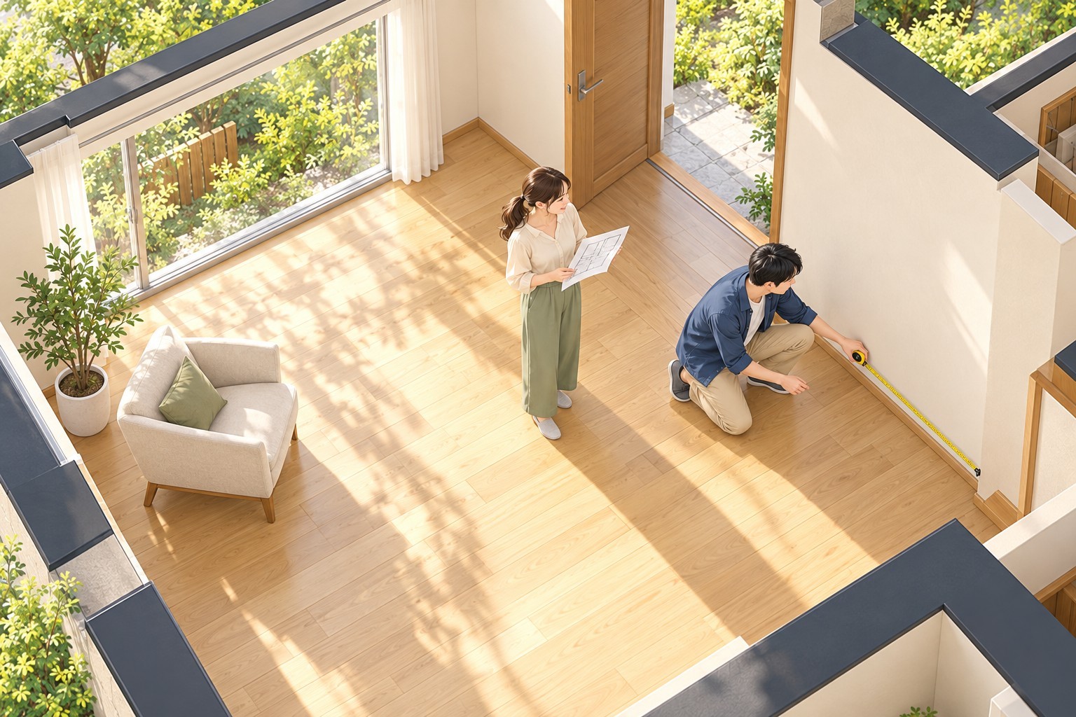 見学時に間取り図と家具の寸法を確かめる夫婦