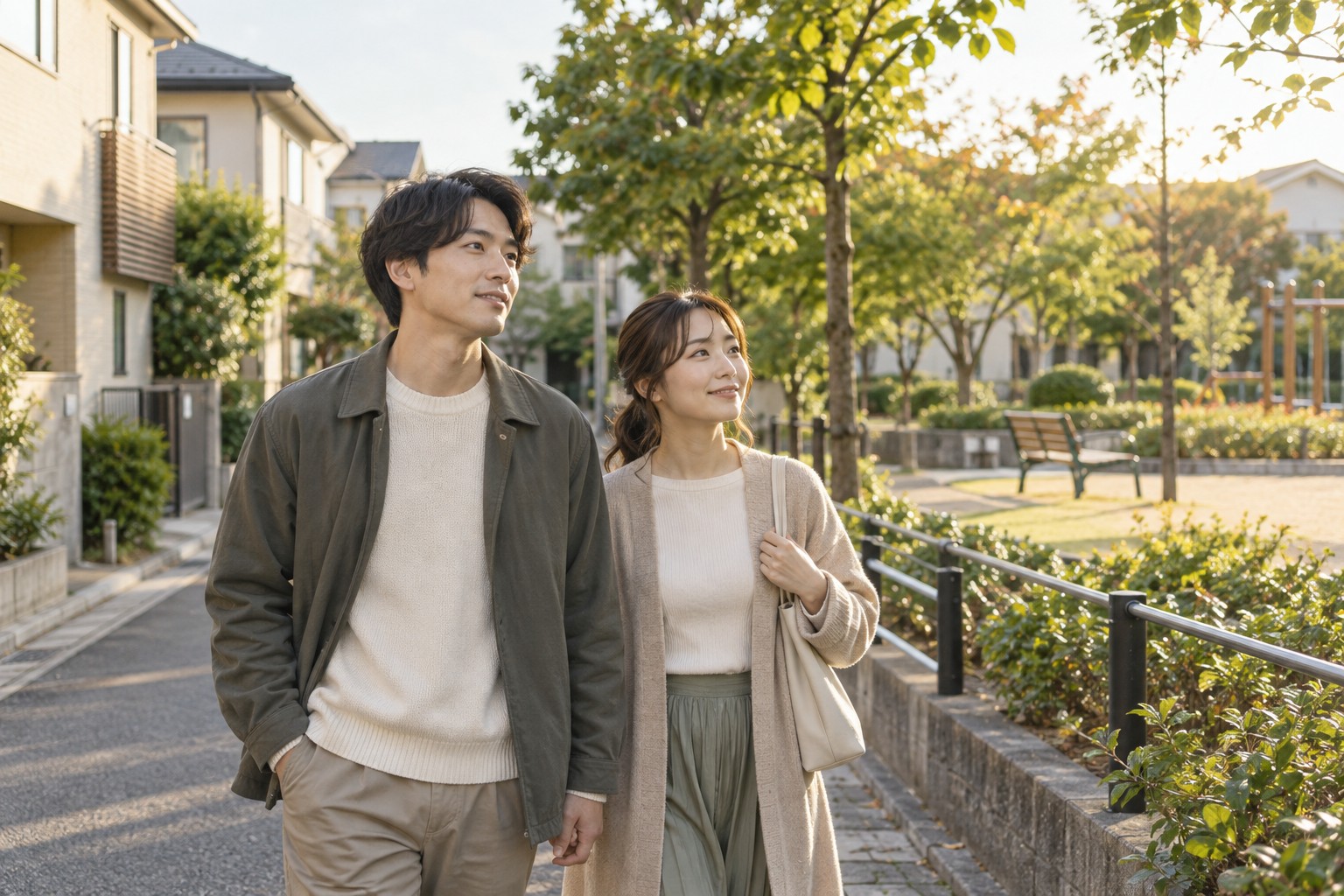 住宅街と公園の周辺を歩いて確かめる夫婦