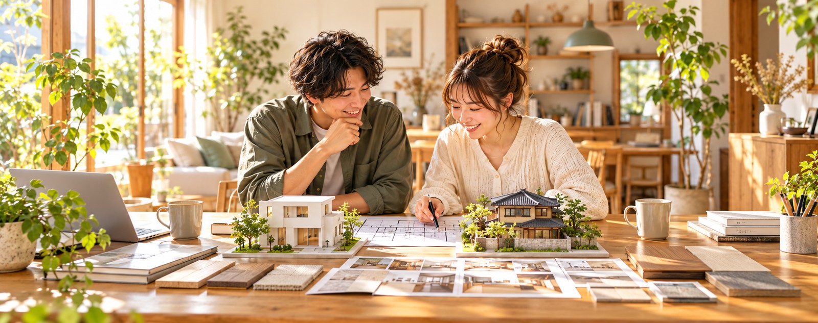 新築と中古住宅の模型を見ながら住まいを比較する夫婦