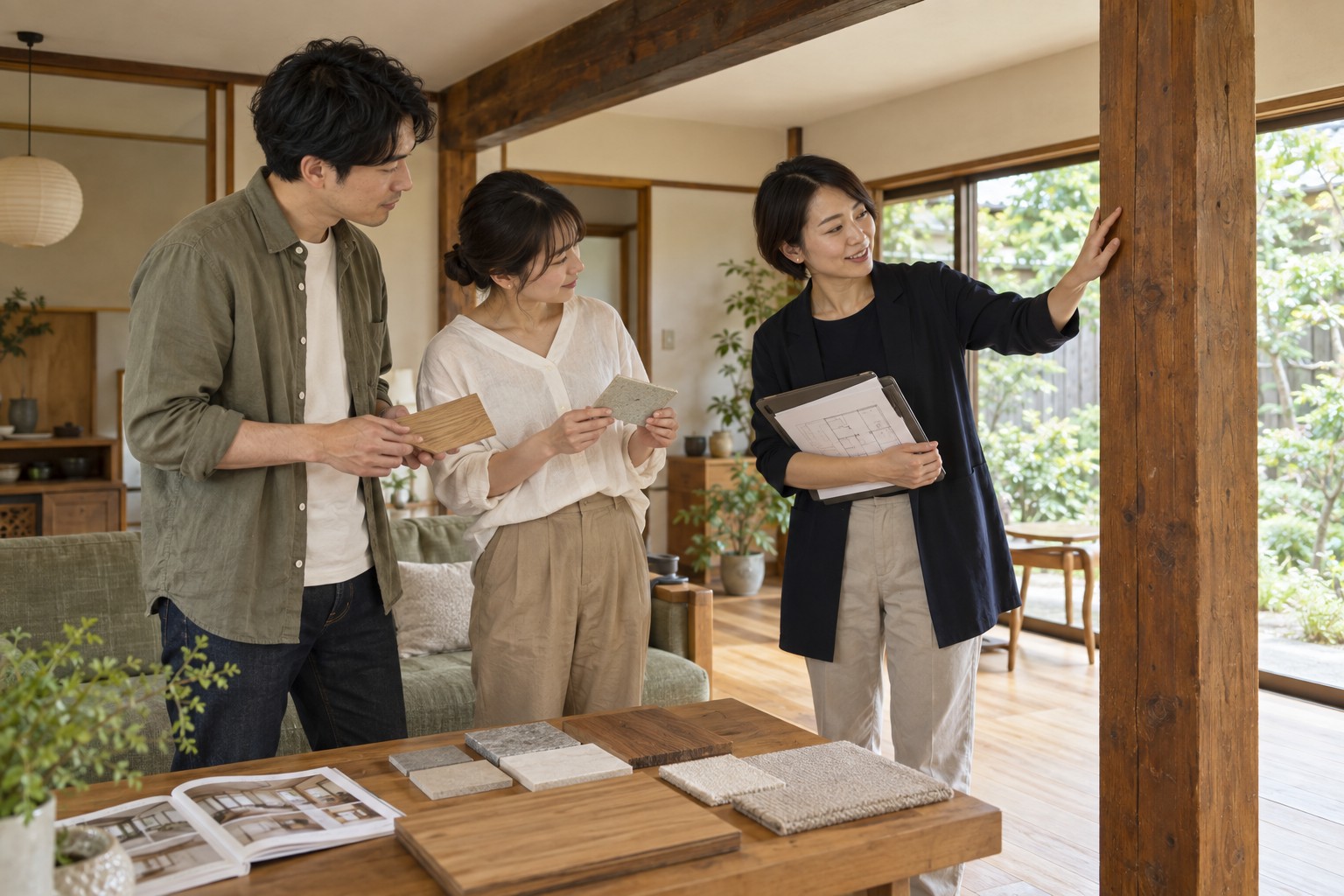 中古住宅で柱や内装のリフォームについて相談する夫婦