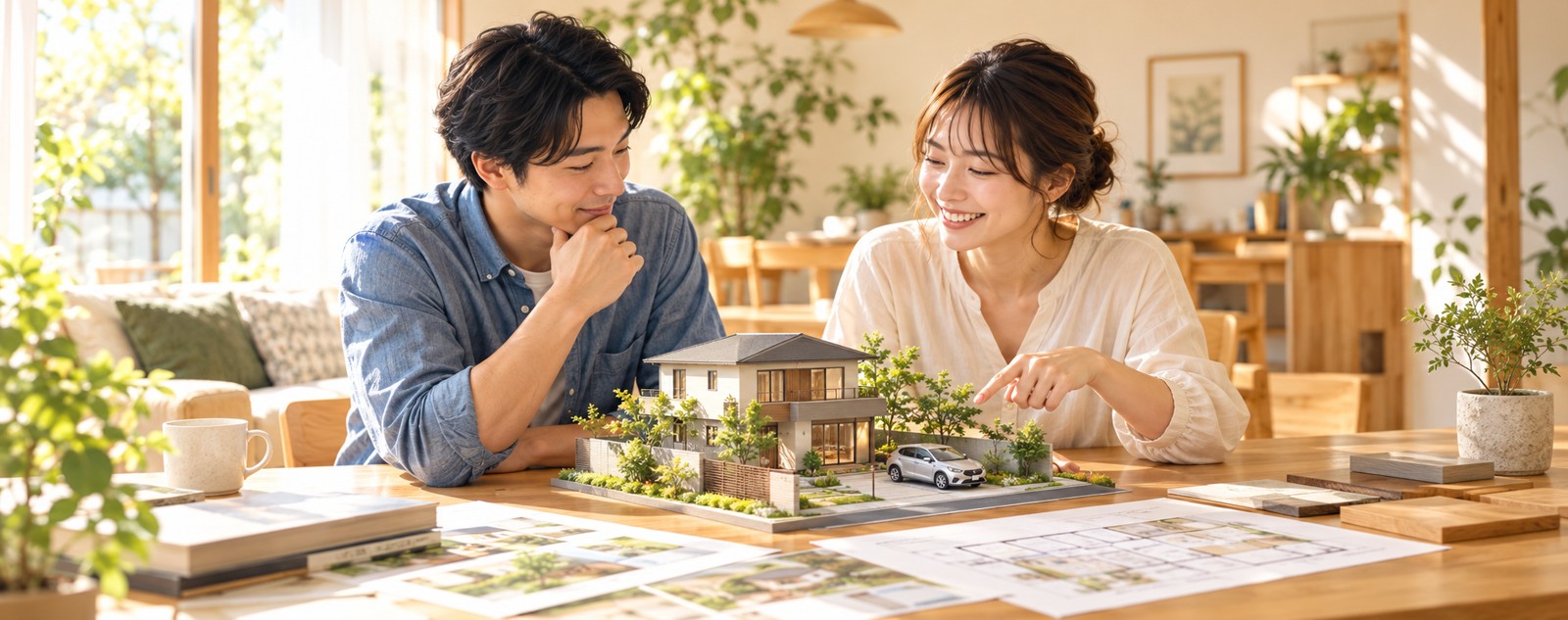 家・庭・駐車場の模型を見ながら土地選びを考える夫婦