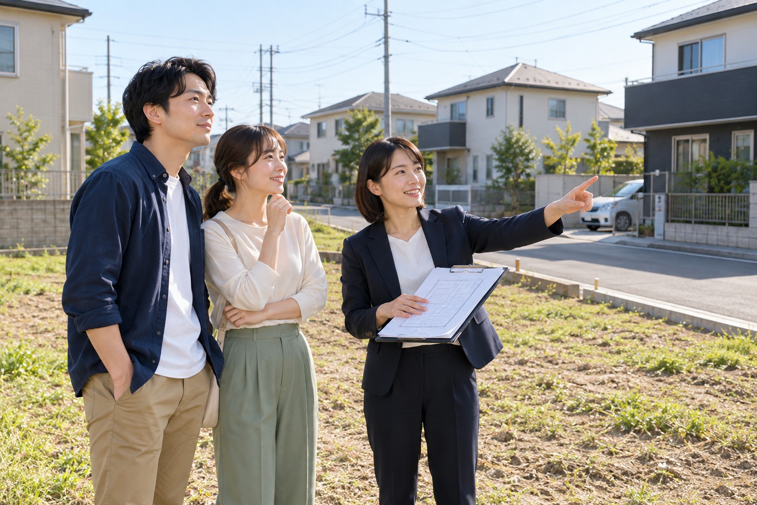 現地で敷地と周囲の建物を確認する夫婦と担当者