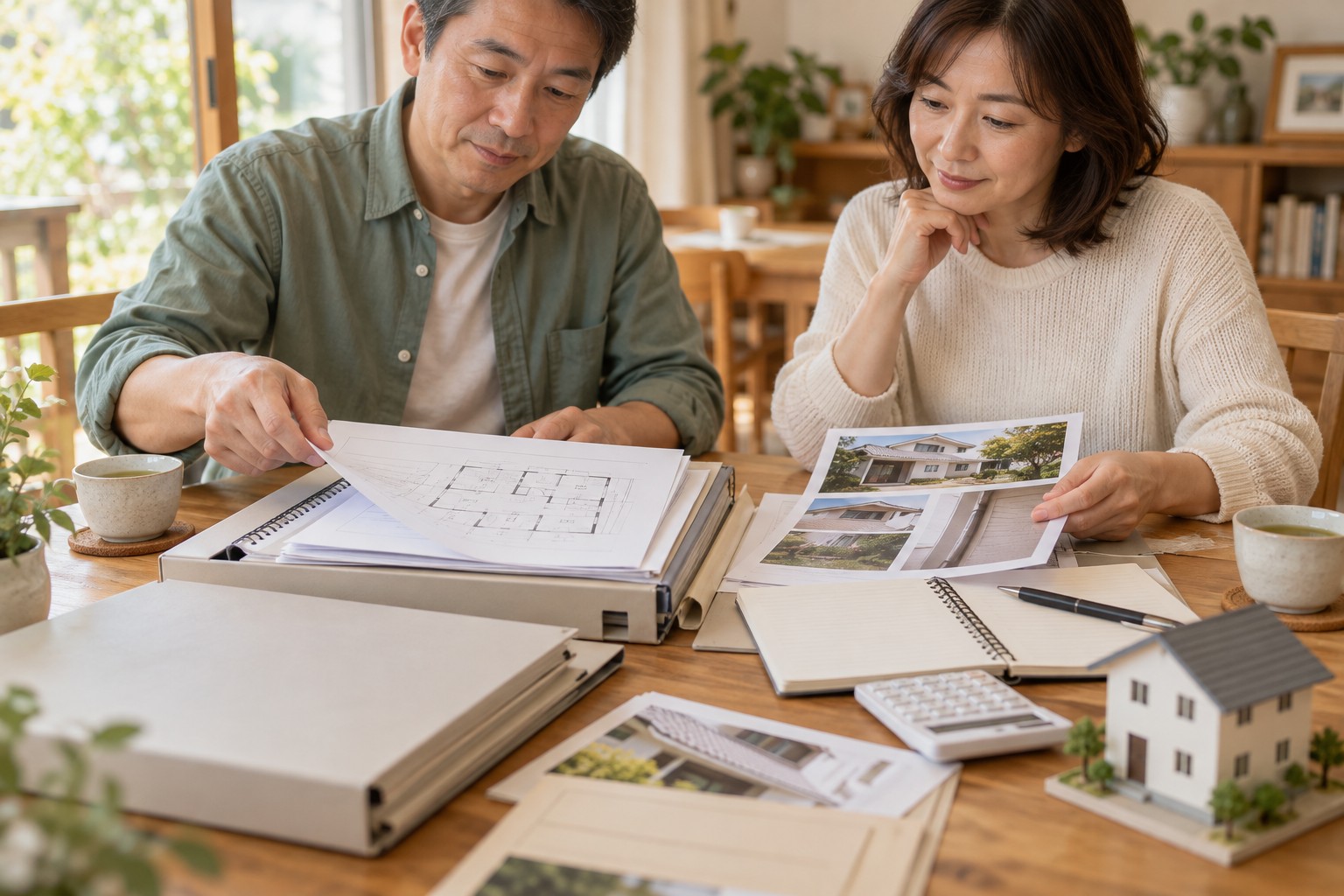 間取り図や手入れの記録を整理する夫婦