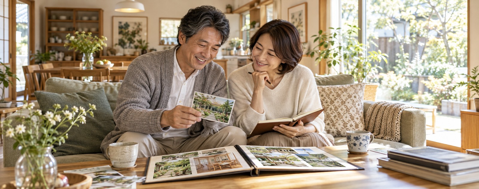 写真を見ながらわが家の魅力を振り返る夫婦