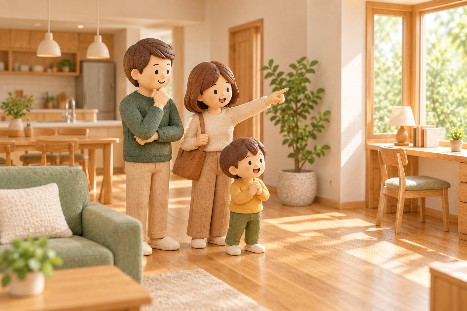 日当たりのよい住まいを見学し、未来の暮らしを思い描く家族