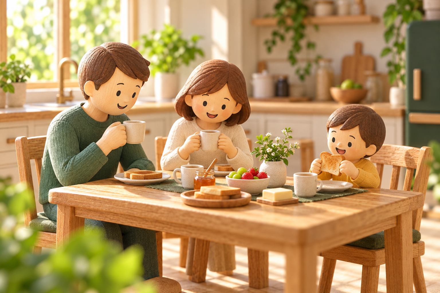 明るいダイニングで朝食を楽しむ家族の木製ミニチュア