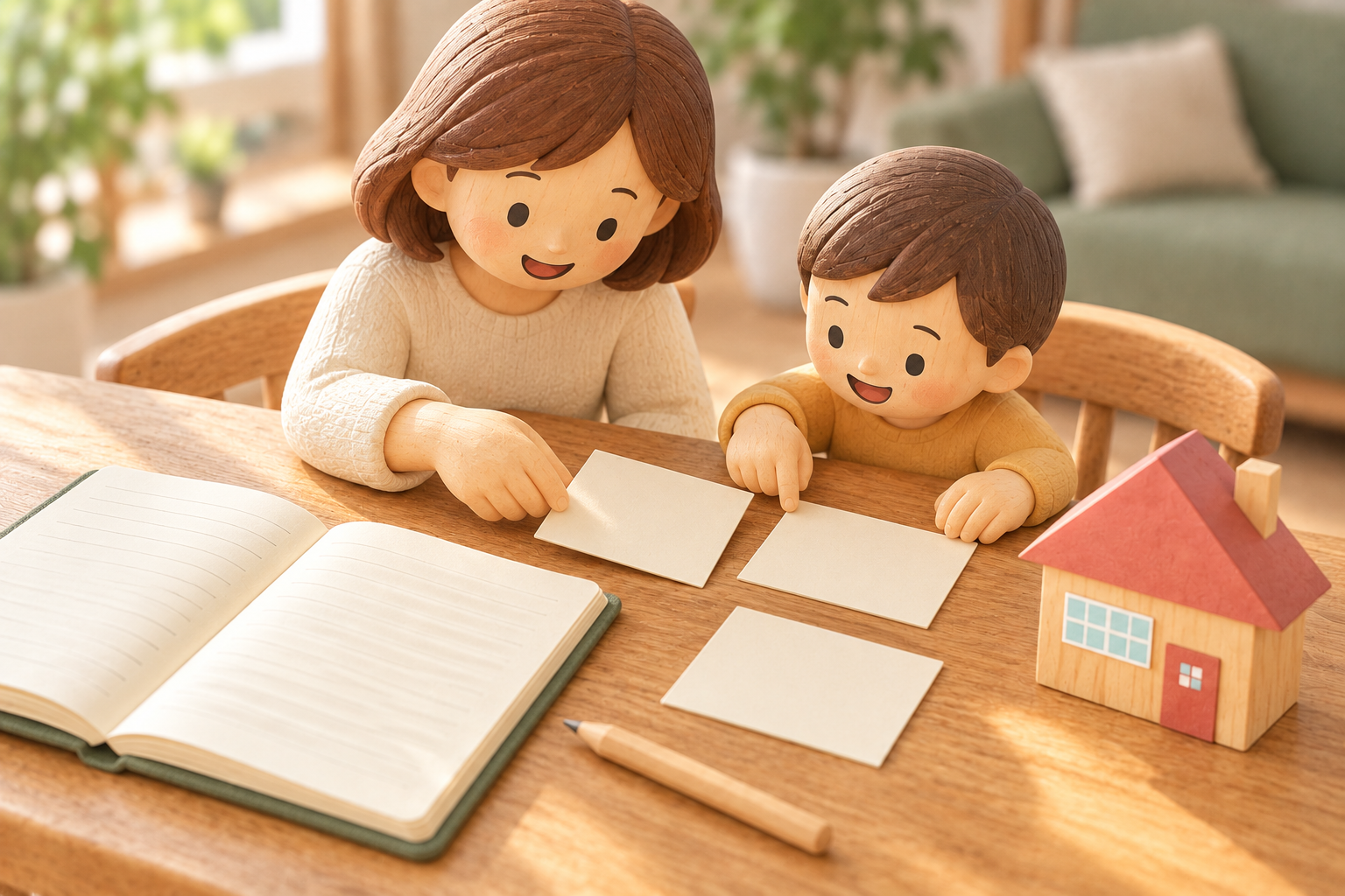 ノートとカードを使って住まいへの希望を整理する親子