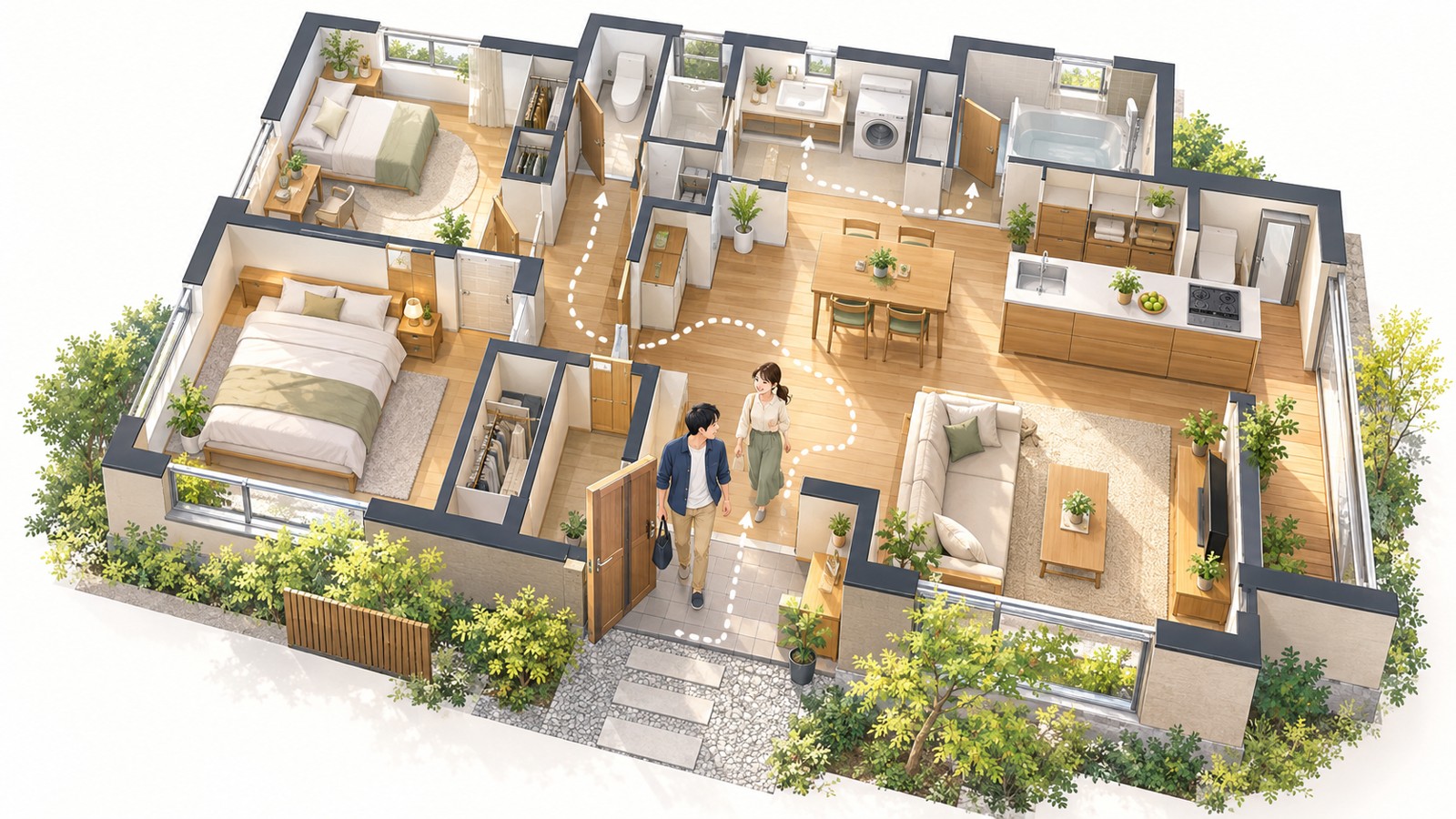 玄関からリビングや洗面所へ向かう動きを示した住まいの俯瞰イラスト