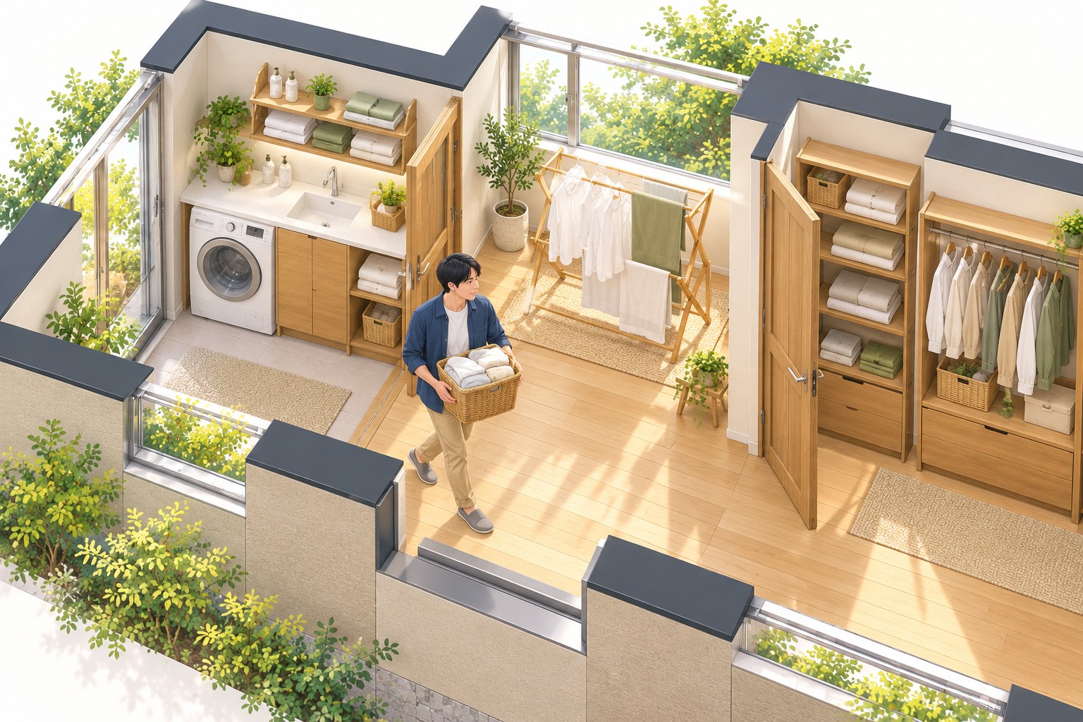 洗濯機、室内干し、衣類収納のつながりを示した家事動線のイメージ
