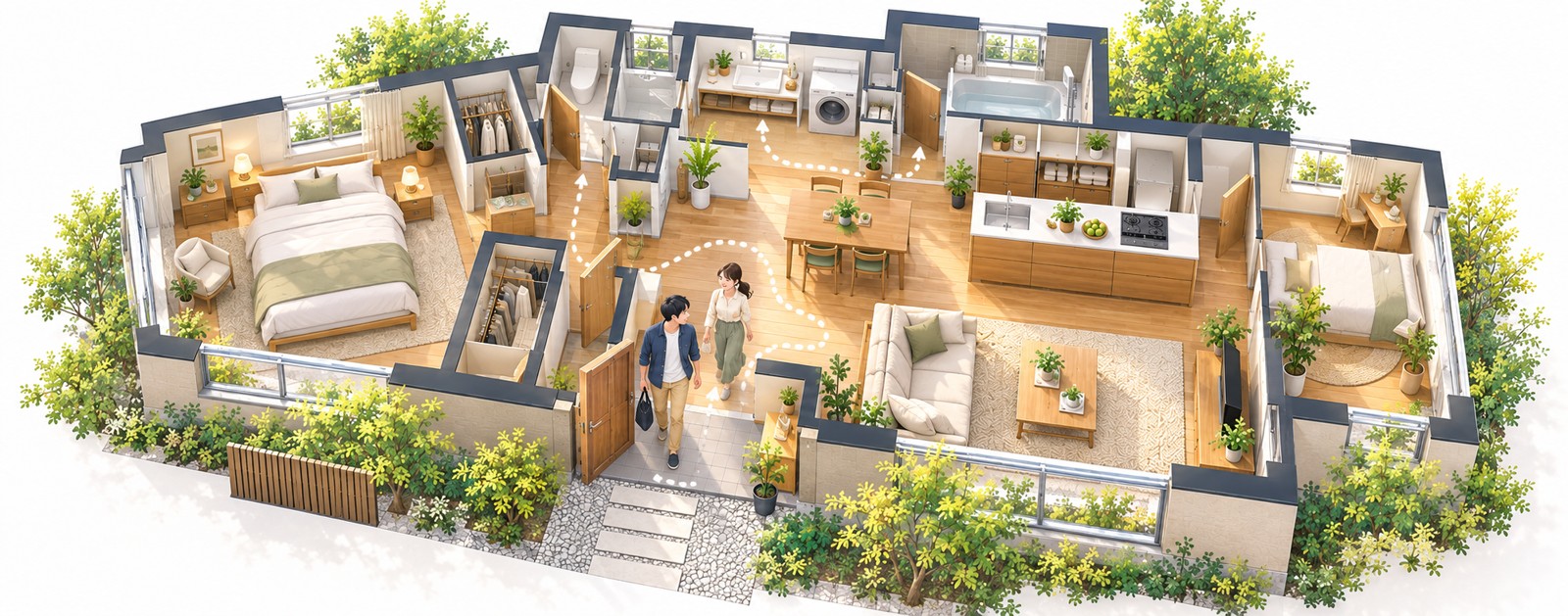 家族の一日の動きを想像できる住まいの間取りと夫婦の俯瞰イメージ