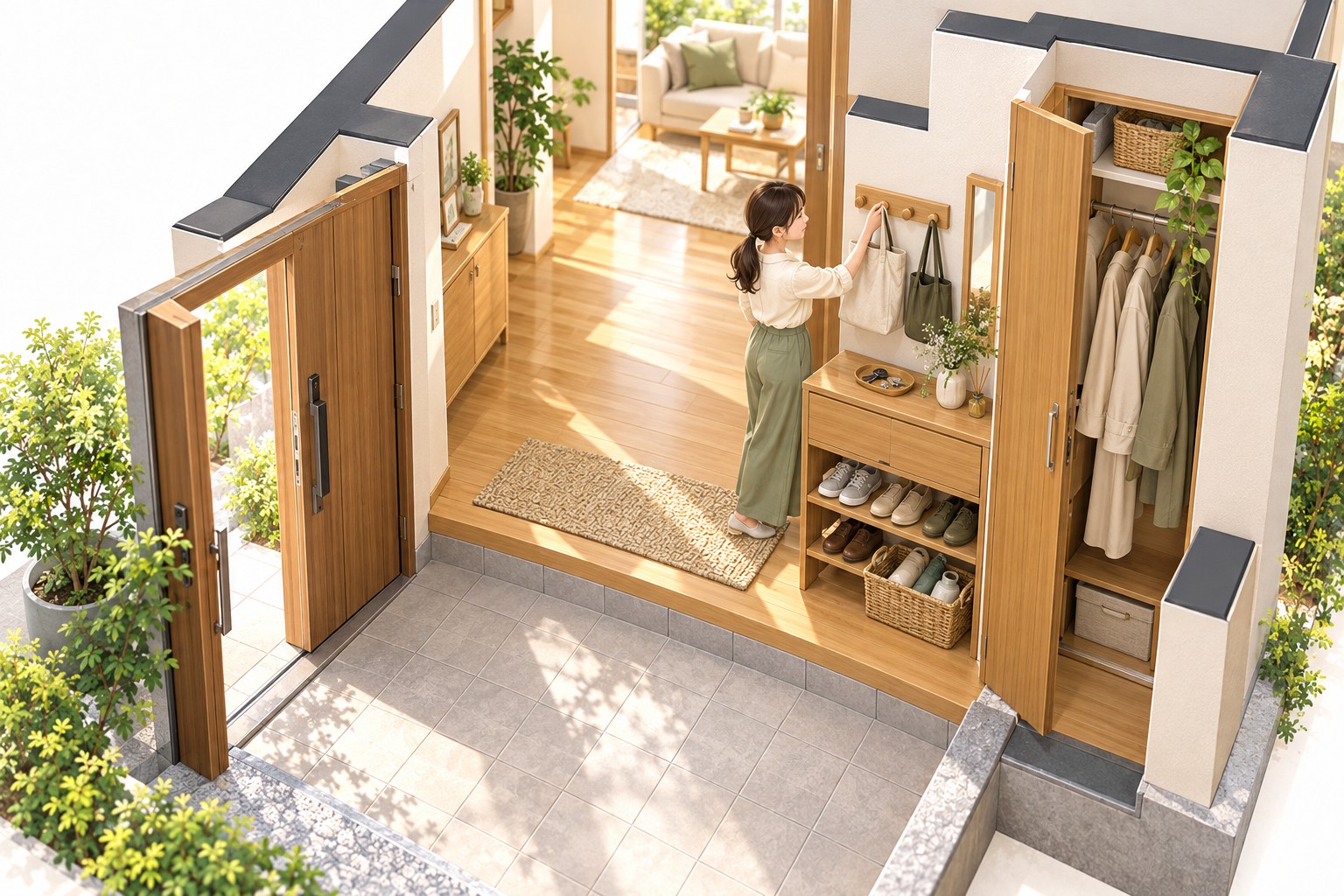 玄関の近くにかばんや上着の置き場所を設けた収納のイメージ